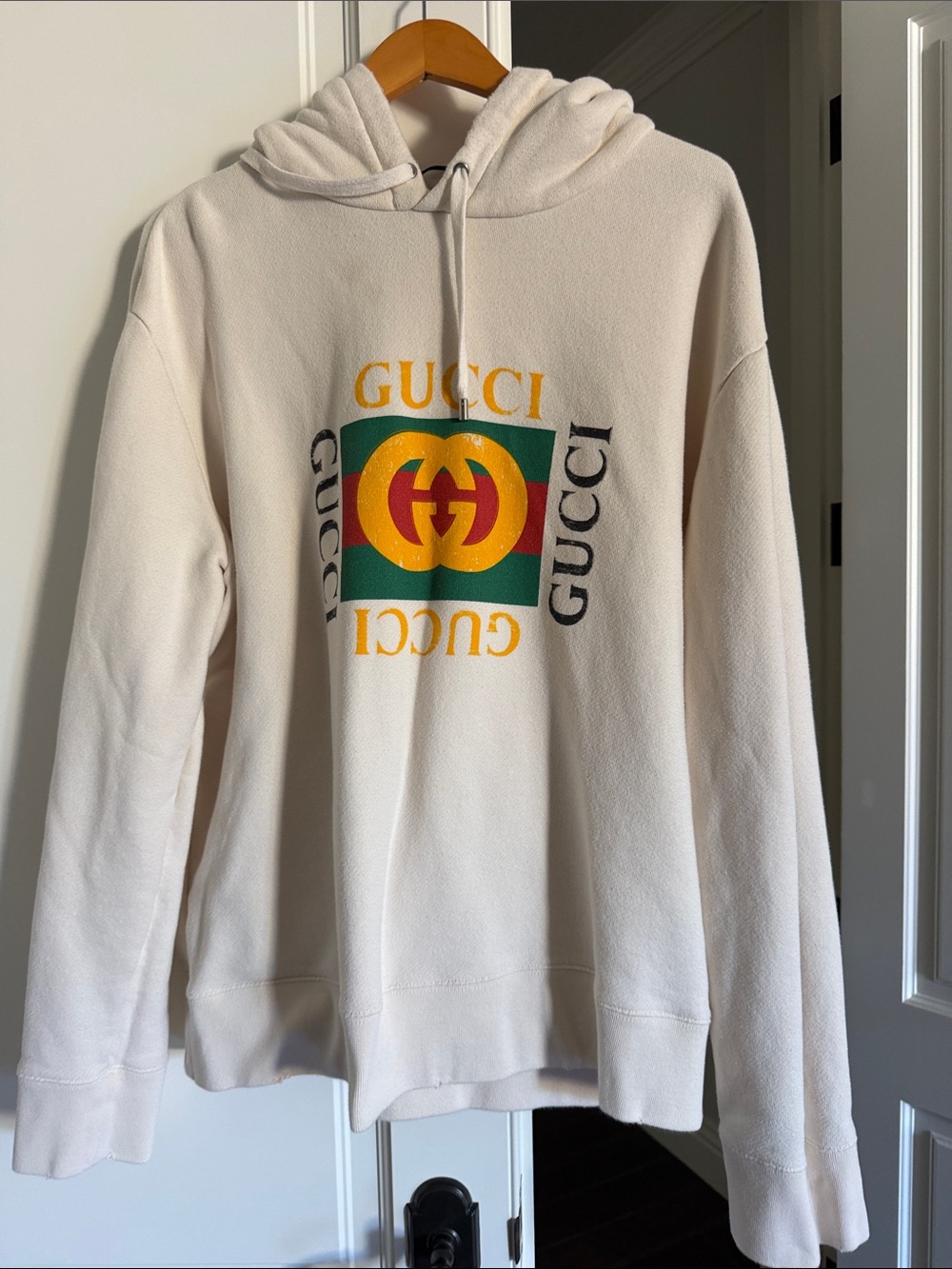 Gucci Cream Hoodie with Green and Yellow Crest